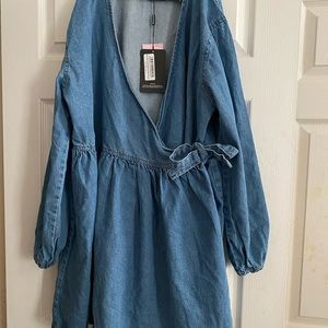 Plus Mid Blue Wash Wrap Denim Dress